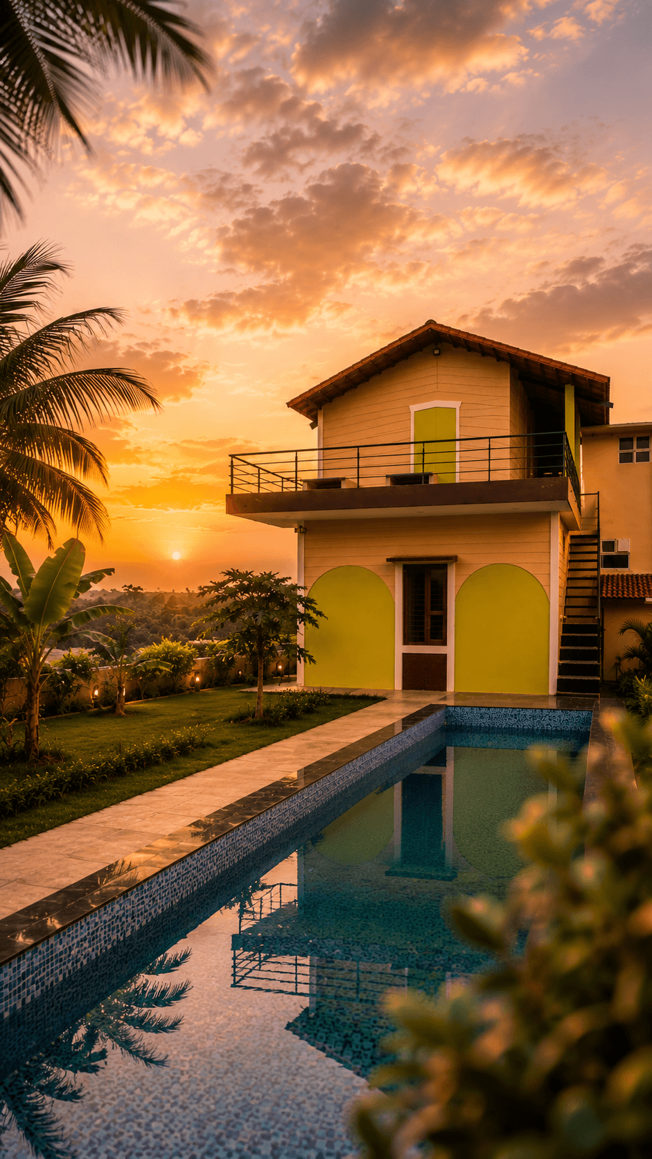 Villajo Resorts property at sunset, with private pool and garden